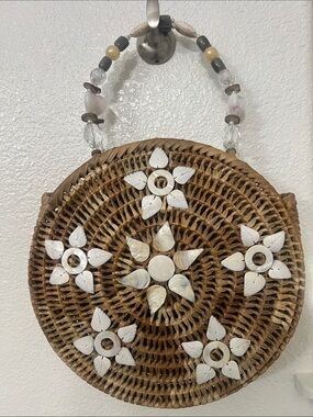 Round Woven Rattan Handbag with Shell Flower Accents